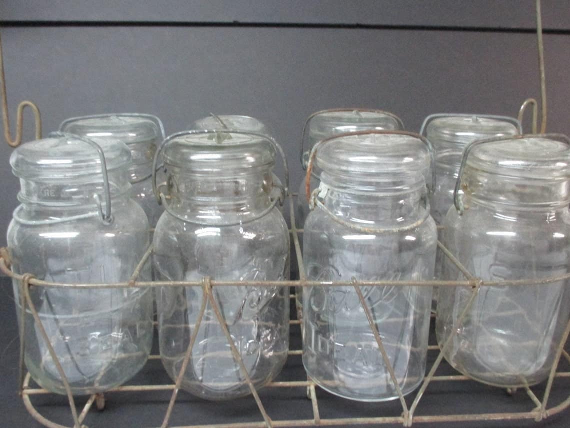 Glass Jars Metal Carrier Atlas E-Z Seal Ball Jars Vintage