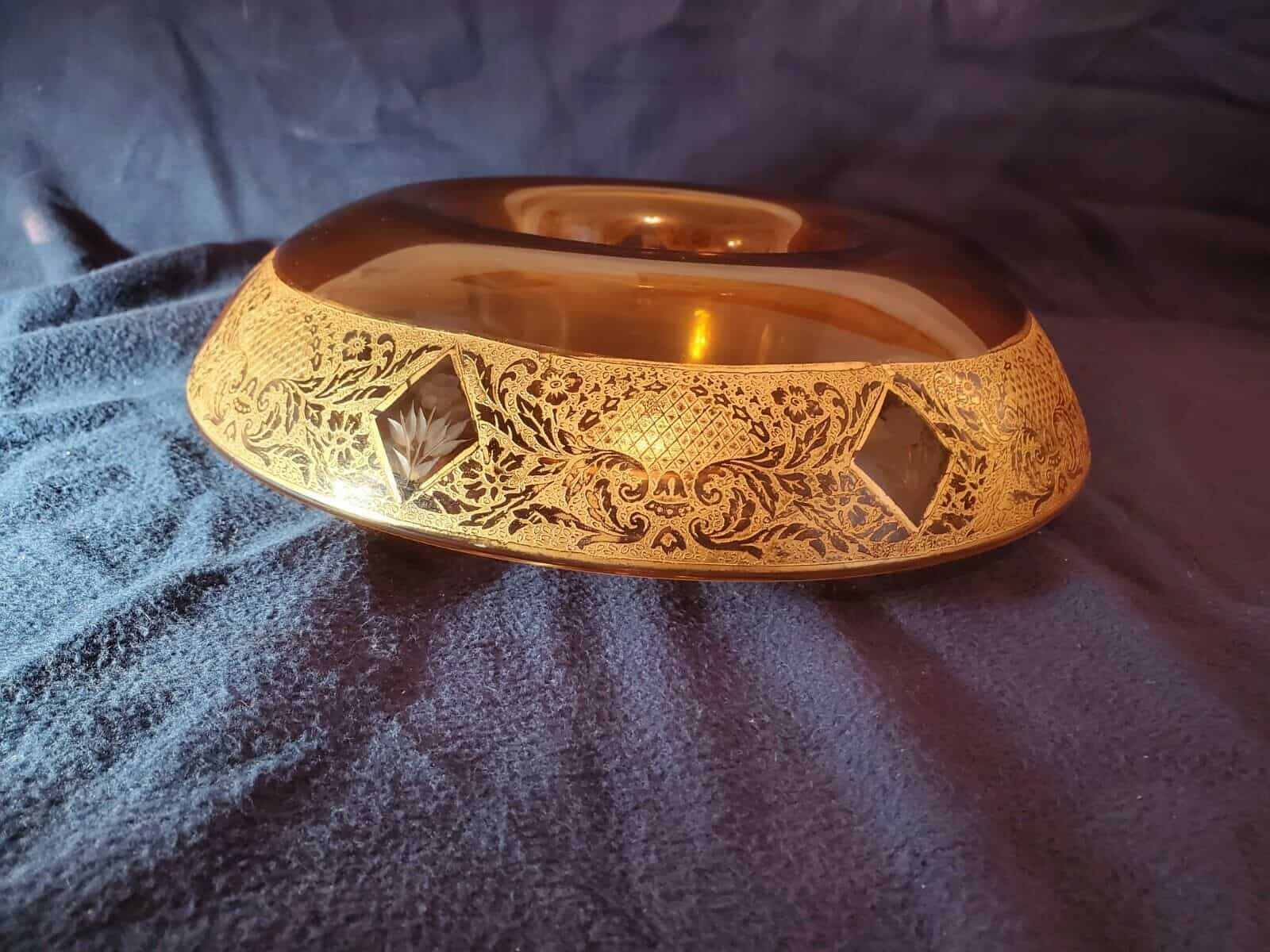 Golden Gilt Depression Glass Amber Bowl