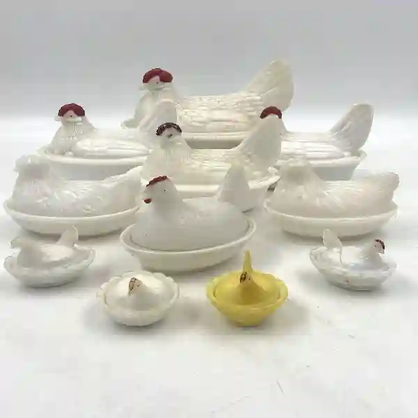 Hens on Nest Milk Glass Dishes