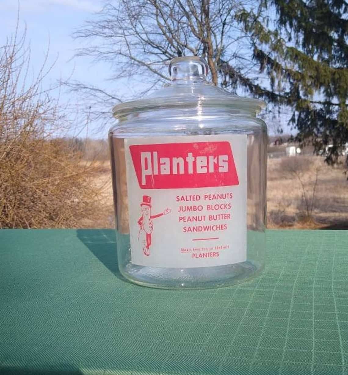 Vintage Clear Glass Planters Mr. Peanut Jar with Lid Red and White