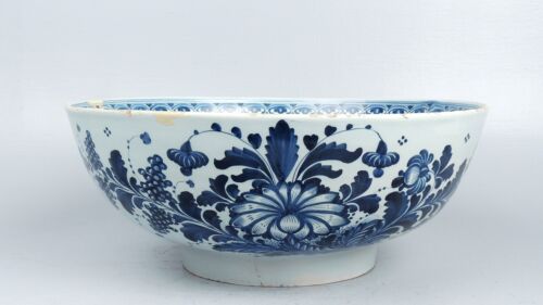 18th Century English Delft Punch Bowl Blue Dec Antique Tin Glaze
