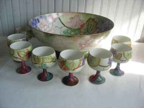 Antique French Limoges Punch Bowl Grapes, 8 goblets 4 Glasses Signed