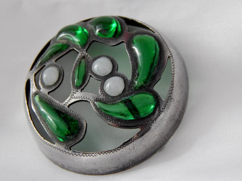 Antique Plique-A -Jour Button - Green and White Enamel Set in Silver