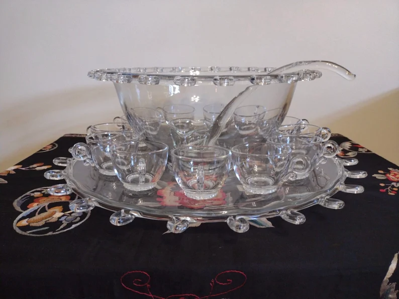 Heisey's Glassware 15 Piece Lariat Punch Bowl Set, Cups, Tray, Ladle
