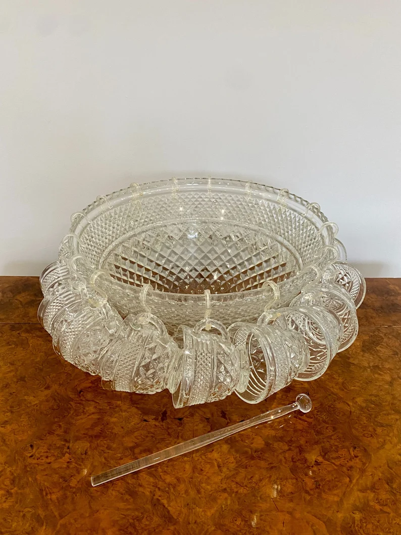 Large Unusual Antique Edwardian Quality Glass Punch Bowl, 18 Cups
