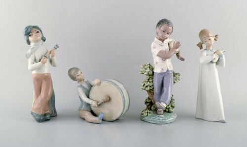 Lladro, Spain, Four Porcelain Figurines, Children with Instruments