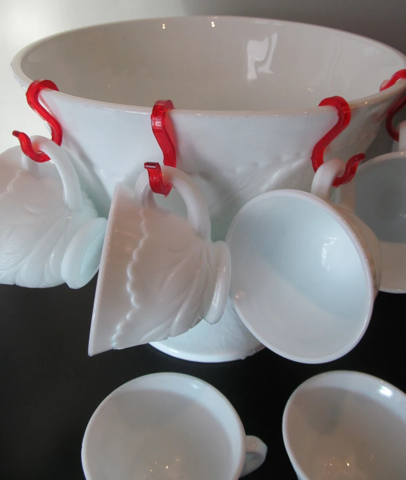 Milk Glass Punch Bowl, 8 Cups, Original Red Cup Clips, Plastic Ladle