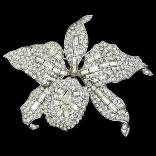Trifari 'Alfred Philippe' Pave & Baguettes Diamante Orchid Trembler Pin