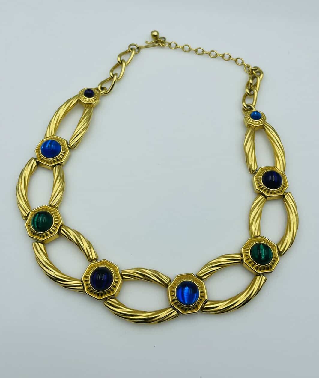 Trifari Gold Plated Blue Green & Purple Glass Cabochon Necklace