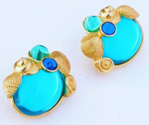 Trifari Kunio Matsumoto Seashell Jeweled Gold Earrings Vintage