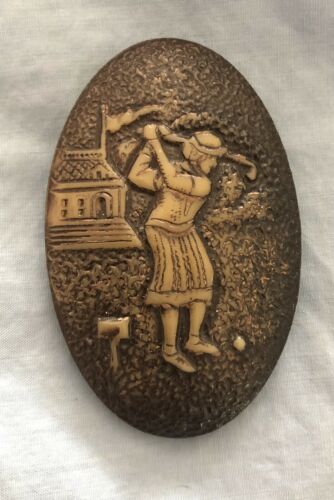 Vintage Large Celluloid Golf Button 30’s Lady Golfer Brown & Cream