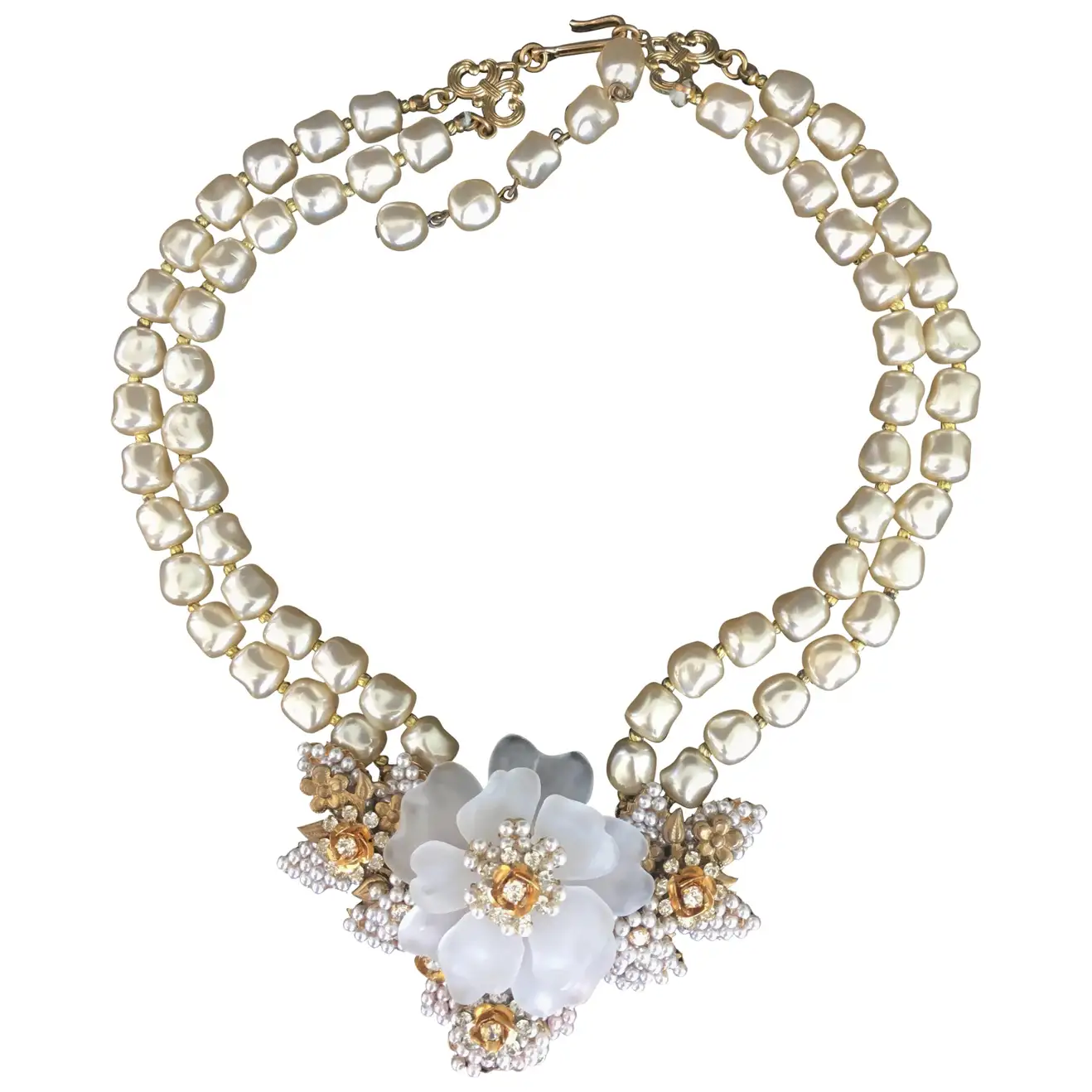 20th Century Vintage Camellia, Crystals, and Pearl Costume Necklace