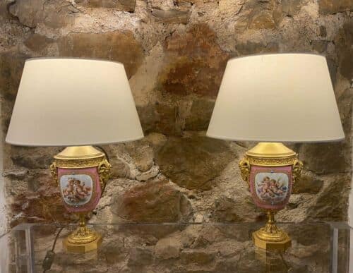 Antique Pair Of Cassolette Lamps Porcelain Sèvres Gilded Bronze France