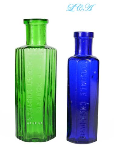 Antique Poison Bottles Blue & Green Hexagonal Kh Shape Embossed
