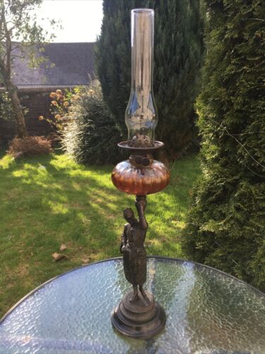 Antique Victorian Spelter Oil Lamp Figurine Funnel, Double Burner