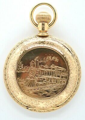 Antique Waltham Riverside pocket watch with etched locomotive