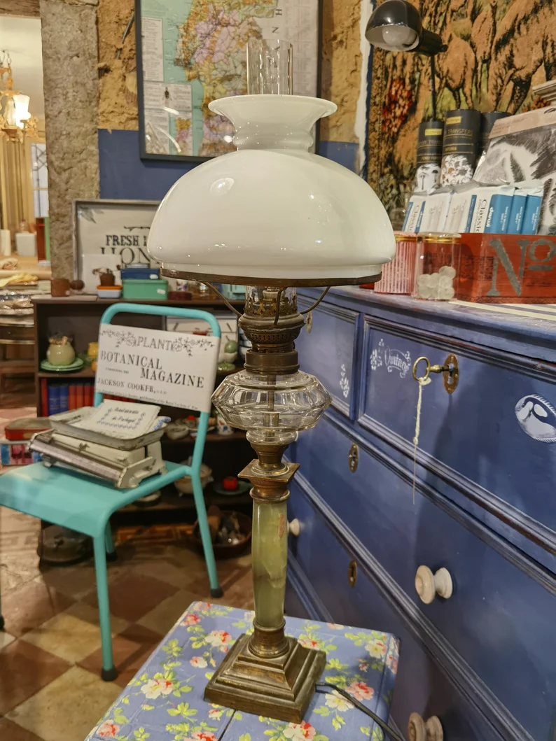 Beautiful Antique Alabaster & Brass Lantern Style Lamp