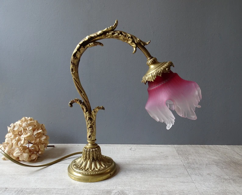 Beautiful Antique Bronze Table Lamp, Delicate Pink Flower Glass Shade