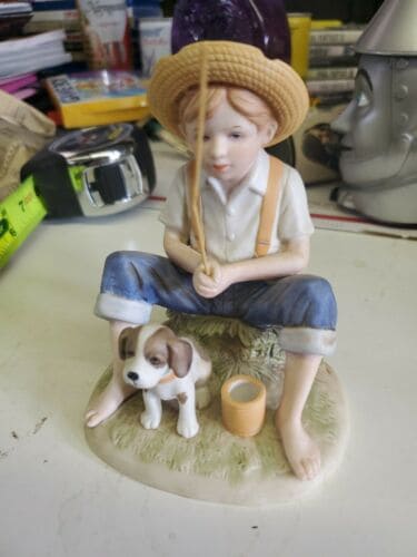 Homco 1466 Ceramic Figurine of Boy & Dog Fishing Denim Days w pole