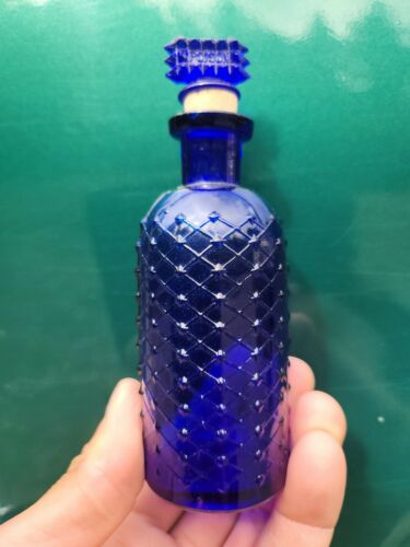 Nearly Mint Deep Cobalt Antique Quilted Poison Bottle w. Top