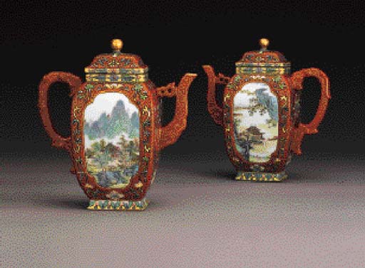 Pair of Famille Rose Coral-Ground Teapots