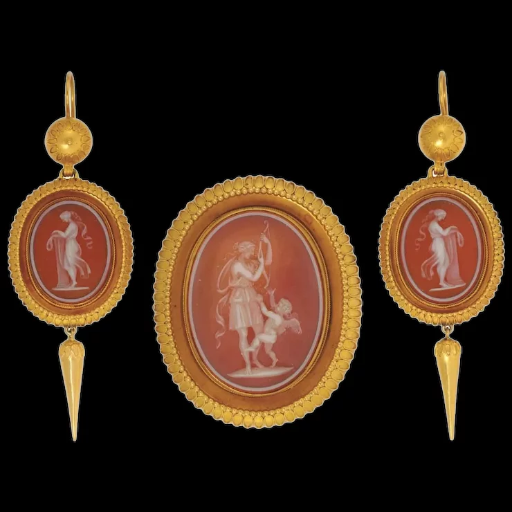 Victorian Cameo Pin and Earrings, Diana and Cupid