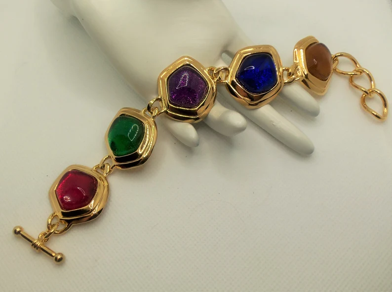 Vintage Avon Gold Tone Multi-Color Stones Flexible Bracelet