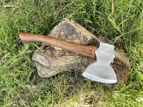 Vintage Stanley Hewing Broad Hatchet, Axe, Curved Hickory Handle