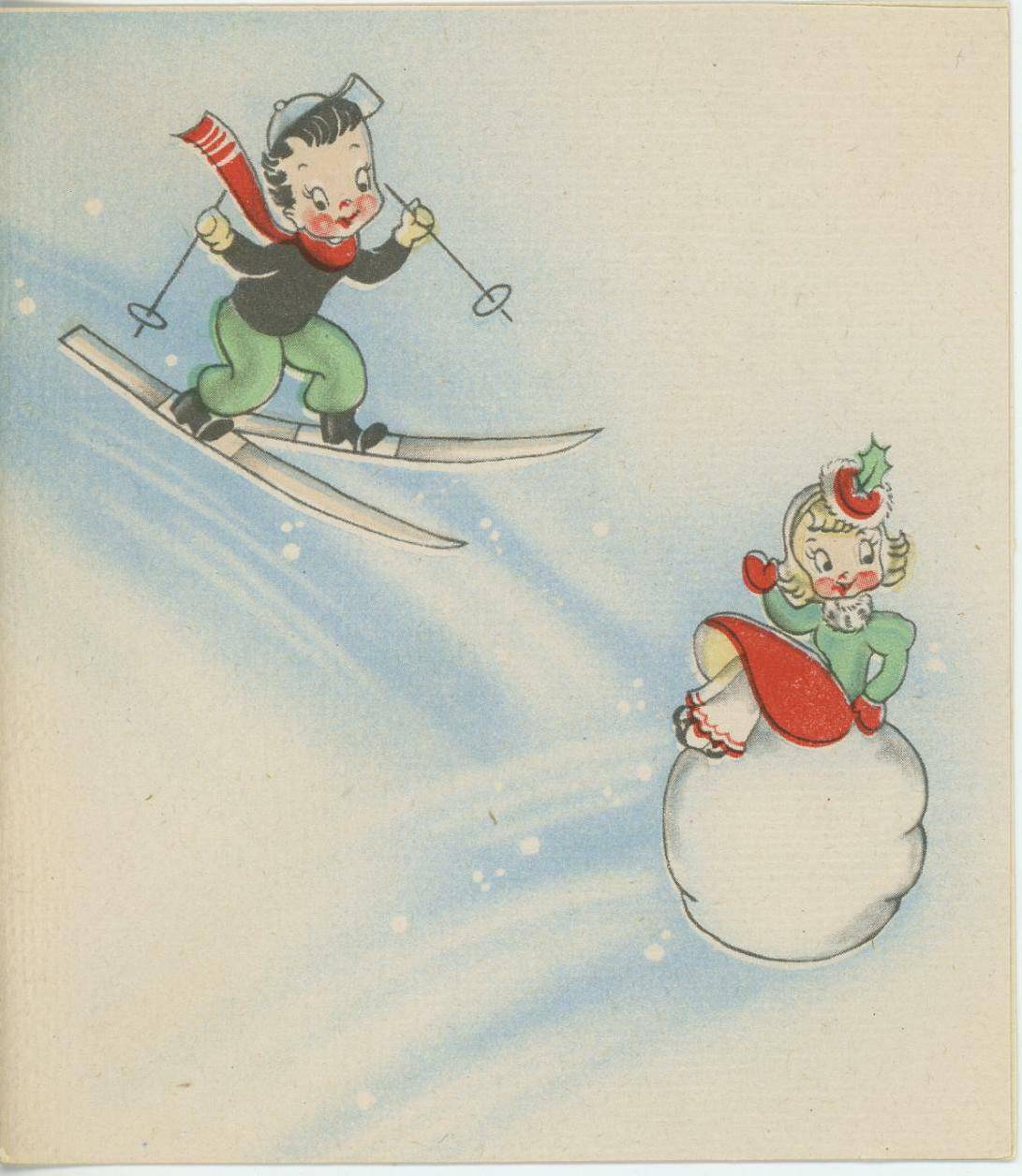 1930's Winter Boy And Girl Skiing Christmas Card