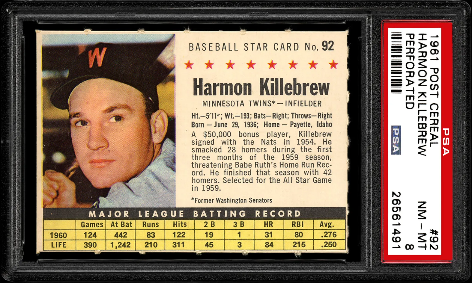 1961 - Harmon Killebrew #92 - $999.99 PSA 9