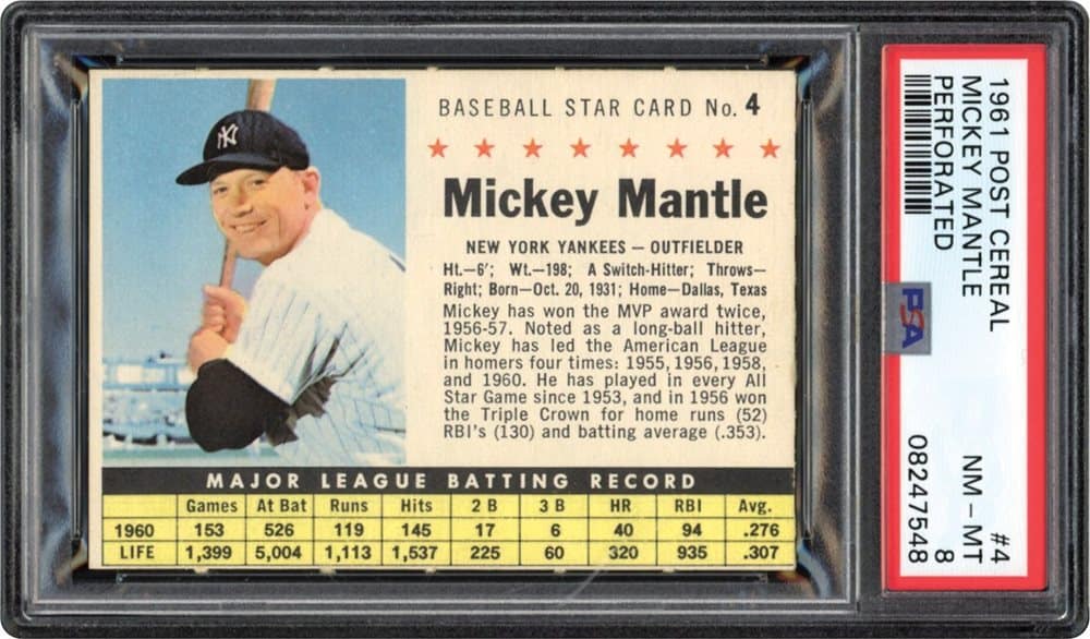 1961 Mickey Mantle #4 - ~$2,000 - PSA 9