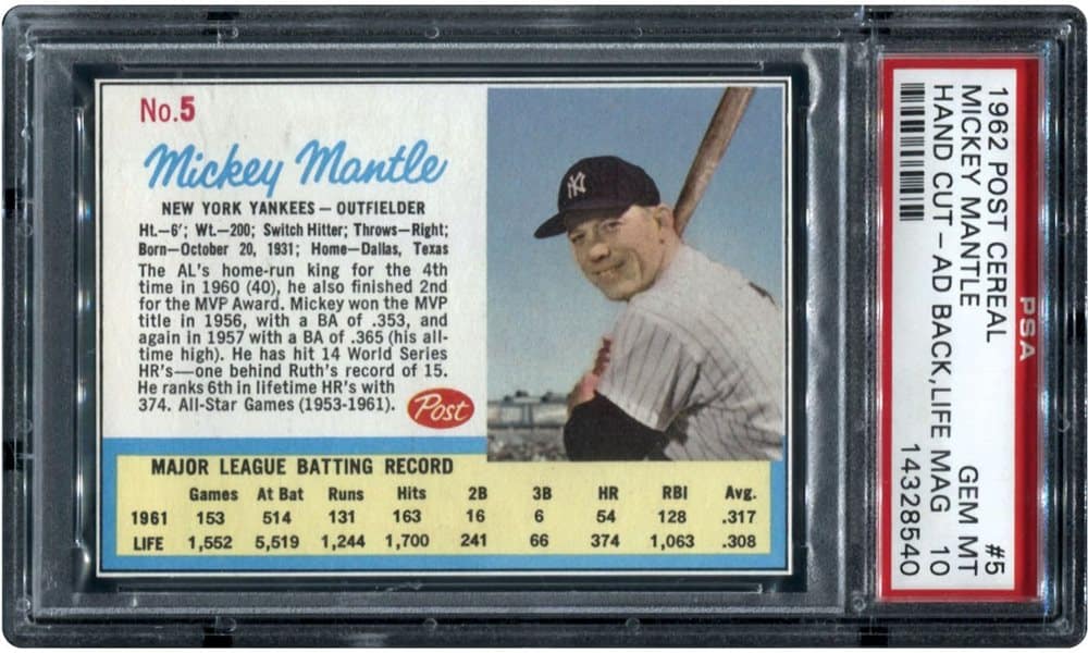 1962 - Mickey Mantle #5 - $1,552 - PSA 10