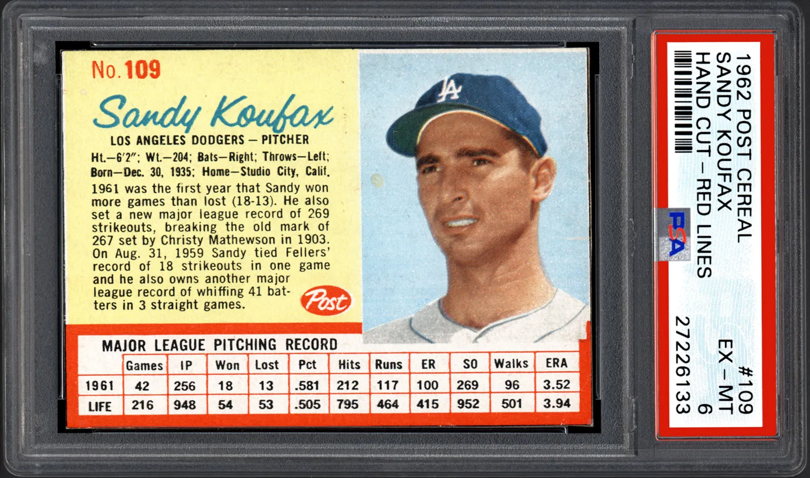 1962 - Sandy Koufax #109 - $1,592.13 - PSA 9 