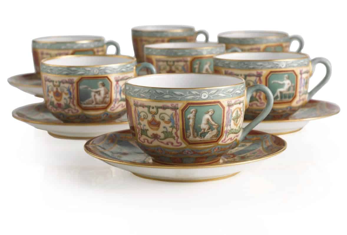 A Set of Seven Russian Teacups and Saucers from the Raphael Service