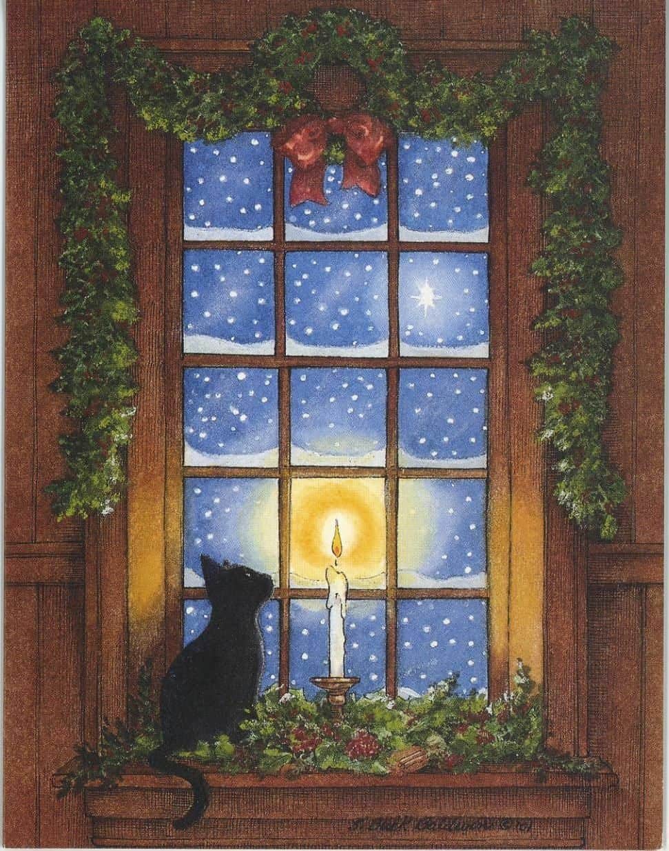 Black Cat Looking Through The Window Christmas Card
