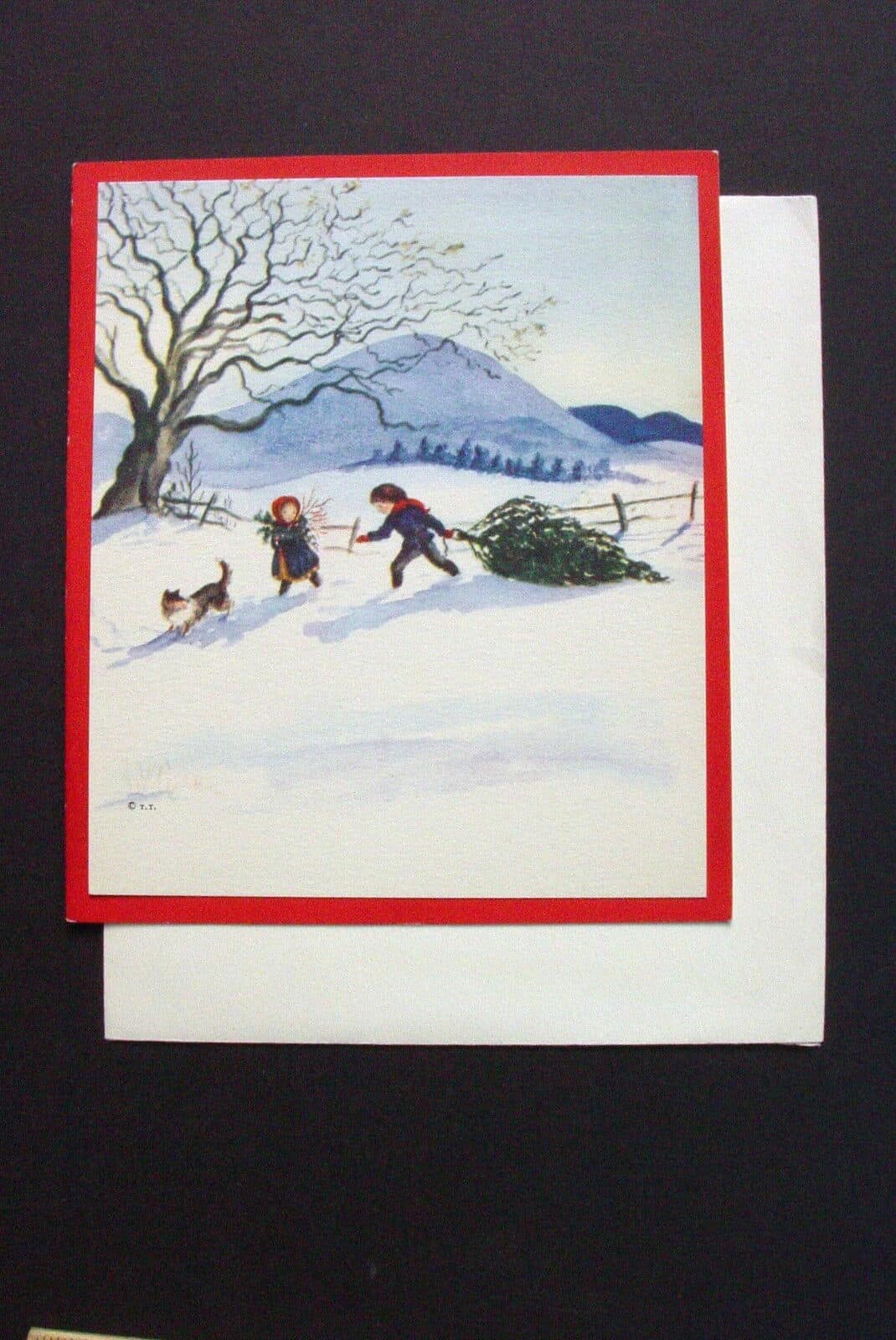 Bringing in the Tree Christmas Card By Tasha Tudor