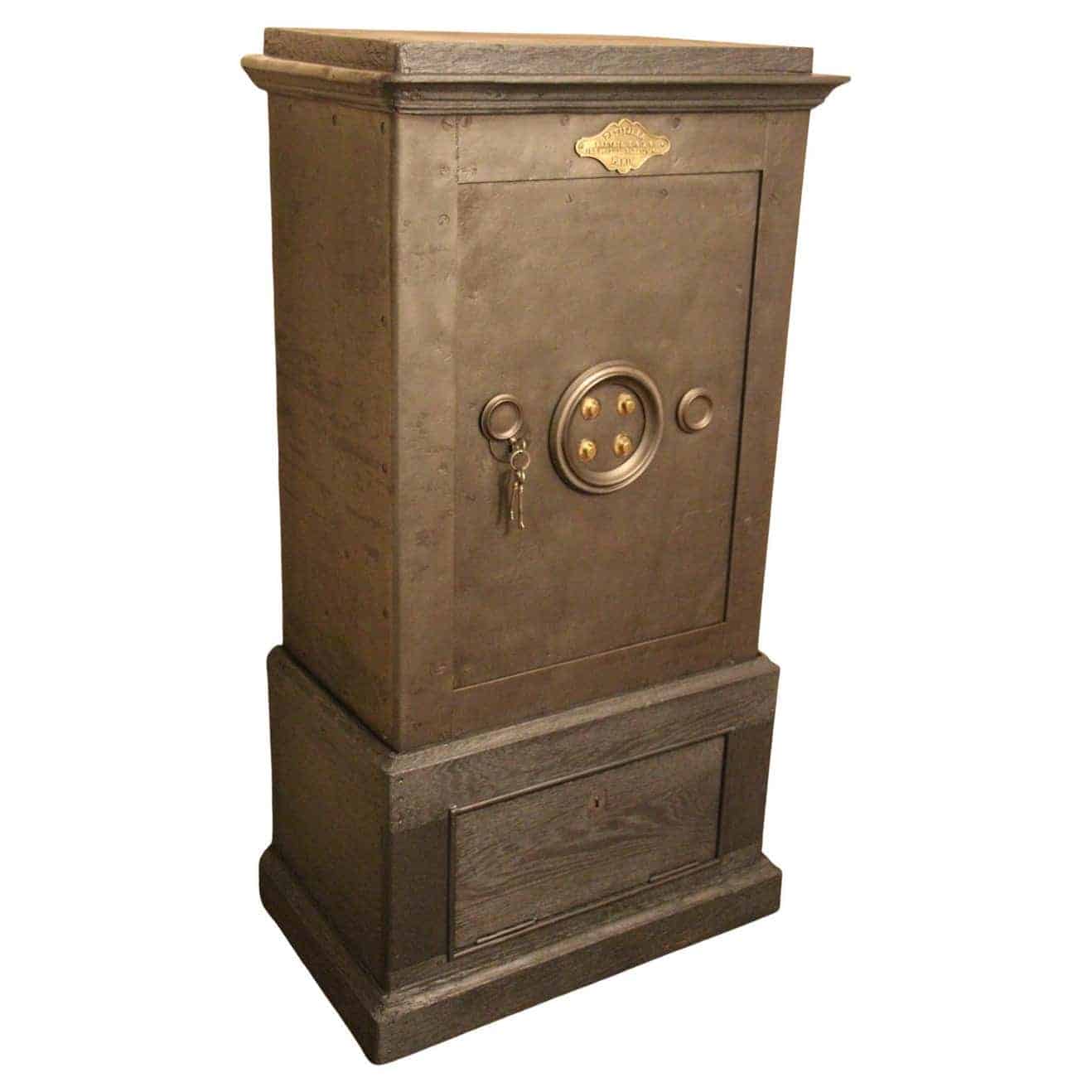 Drink cabinet with black iron, steel, and wood safe