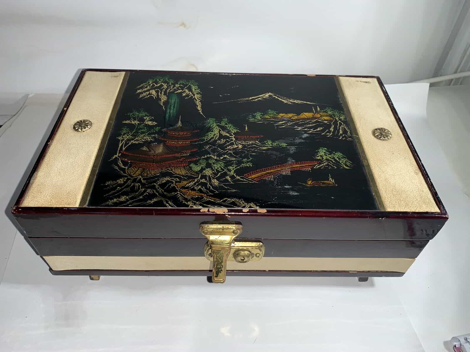 Japan Lacquer Jewelry Music Box With Ballerina And Mirrors 