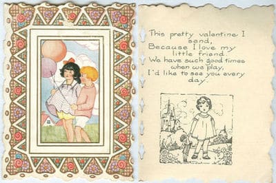 Valentine card with boy and girl holding balloons