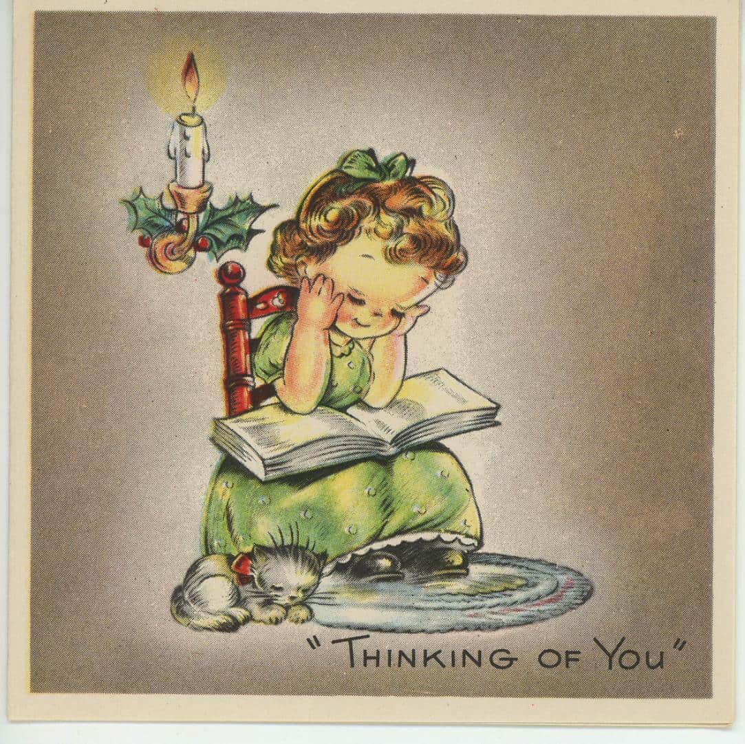 Vintage Girl Reading Book By The Candle Christmas Card