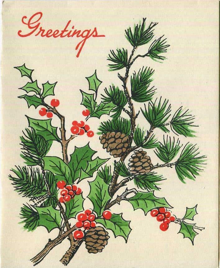 Woodblock Hand-Colored Holly Pine Cones Christmas Card